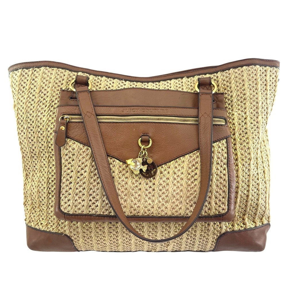 Juicy‎ Couture Raffia Tote Bag Y2K Beach Tan Leather Gold Charm Large Pink Lined